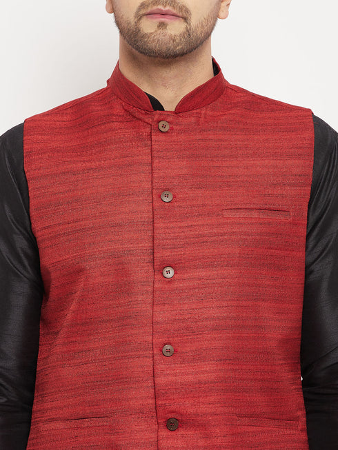 Vastramay Men's Maroon Matka Silk Nehru Jacket With Black Silk Blend Kurta and Pant style Pyjama Set